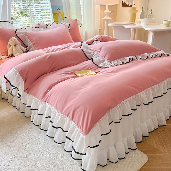 91家纺网 家纺一手货源 找家纺 唐人居 2025新款水洗棉麻亲肤蕾丝花边四件套 小确幸-豆沙