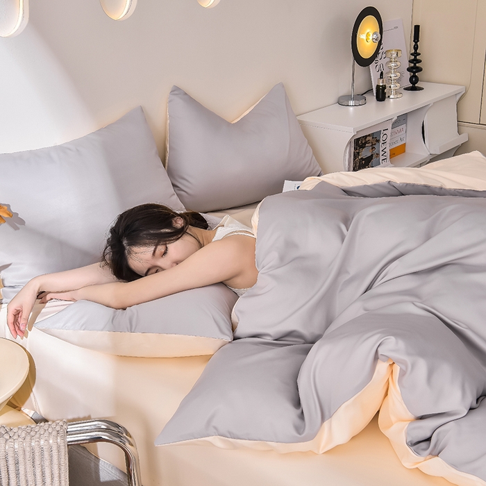 91家纺网 家纺一手货源 找家纺 简爱家纺 2025新款水洗真丝四件套 雅致灰+暖杏色