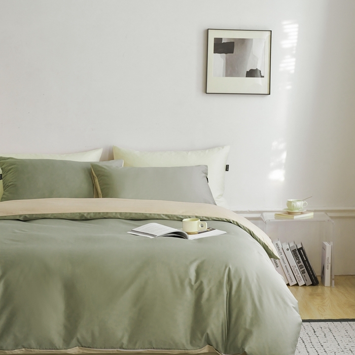 91家纺网 家纺一手货源 找家纺 安莱生活 2024新款100s长绒棉贡缎双拼四件套 木果-棕灰