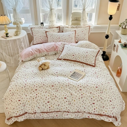 眠屿家纺 2024新款全棉40支13372花边四件套 春日田田