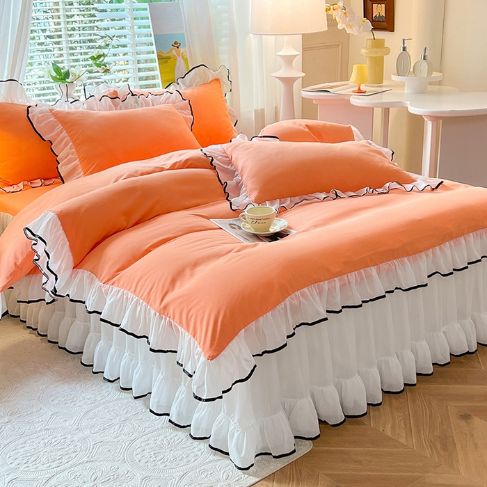 91家纺网 家纺一手货源 找家纺 唐人居 2025新款水洗棉麻亲肤蕾丝花边四件套 小确幸-橘橙