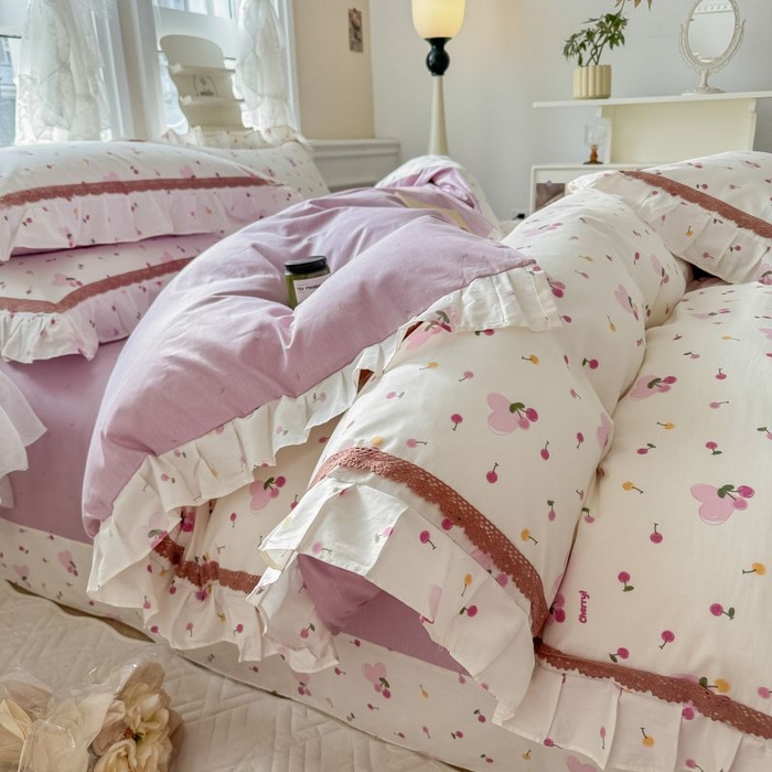 91家纺网 家纺一手货源 找家纺 眠屿家纺 2024新款全棉40支13372花边四件套 樱果爱心