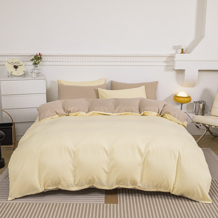 91家纺网 家纺一手货源 找家纺 莎臣豹 2025新款水洗棉磨毛纯色双拼简约风撞色四件套 嫩黄爱上卡其