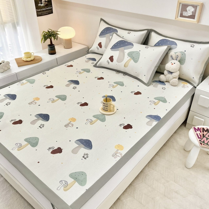 91家纺网 家纺一手货源 找家纺 全季家居 2024新款5A抗菌小清新数码印花冰藤席 蘑菇世界（床席款）