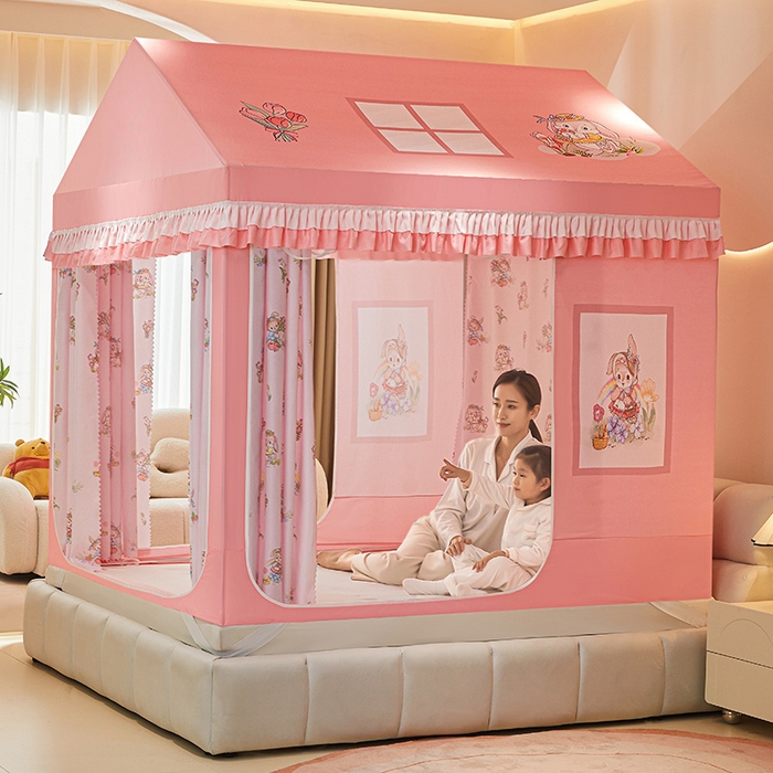 91家纺网 家纺一手货源 找家纺 迪凡保罗 2025新款城堡遮光防摔坐床蚊帐 花园小兔