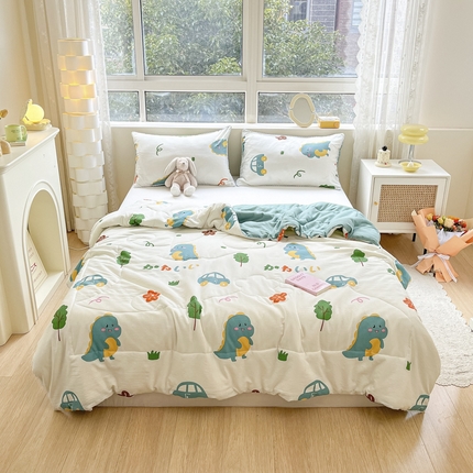 91家纺网 家纺一手货源 找家纺 慕尚家纺2025新款双层纱水洗夏被子被芯 萌萌恐龙