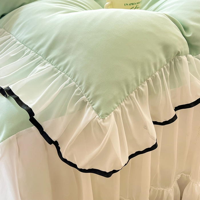 91家纺网 家纺一手货源 找家纺 唐人居 2025新款水洗棉麻亲肤蕾丝花边四件套 小确幸-水绿