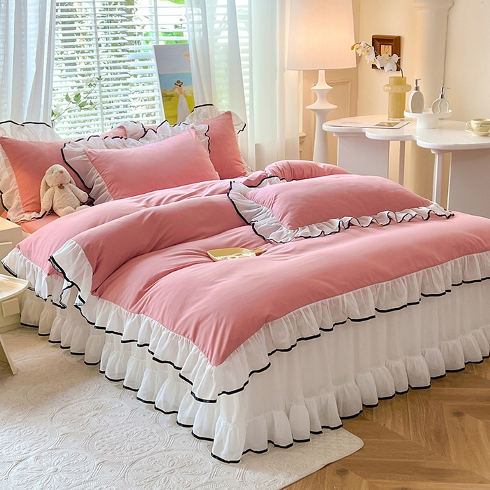 91家纺网 家纺一手货源 找家纺 唐人居 2025新款水洗棉麻亲肤蕾丝花边四件套 小确幸-豆沙