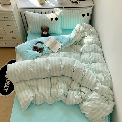 桃子 2024新款ins大眼睛毛巾绣韩系奶油无印纯棉色织水洗棉少女宽宽条系列四件套 水洗棉-宽宽条薄荷绿