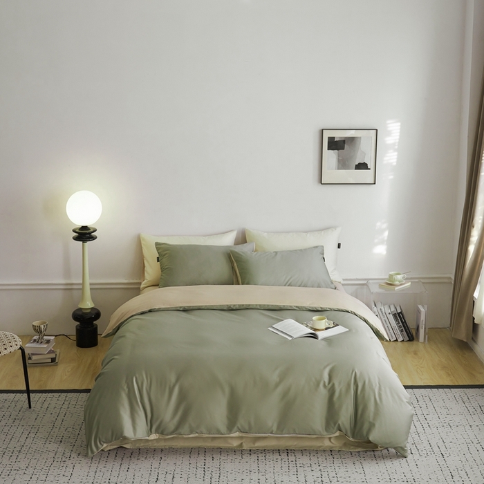 91家纺网 家纺一手货源 找家纺 安莱生活 2024新款100s长绒棉贡缎双拼四件套 木果-棕灰