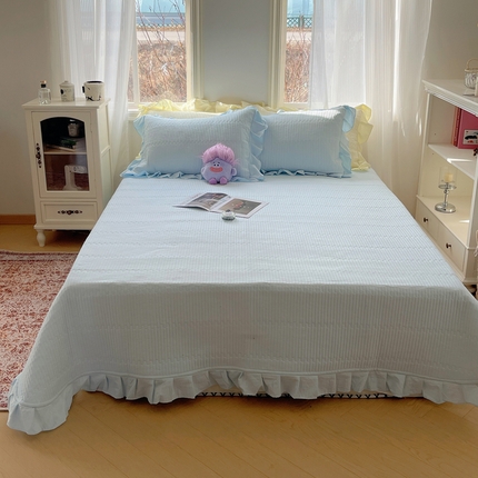 十里居 2024新款水洗棉纯色韩版花边夹棉床盖三件套 浅蓝