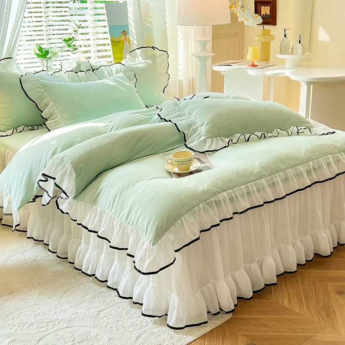 91家纺网 家纺一手货源 找家纺 唐人居 2025新款水洗棉麻亲肤蕾丝花边四件套 小确幸-水绿