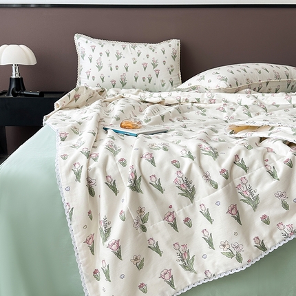 青螺家纺 2024喷汽133全棉小花边大豆夏凉被四件套卡通清新小碎花纯棉空调被  郁金香 