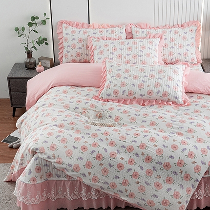 浩浩家纺 2024新款软糯印花泡泡棉蕾丝床盖四件套 被套款 牵牛花