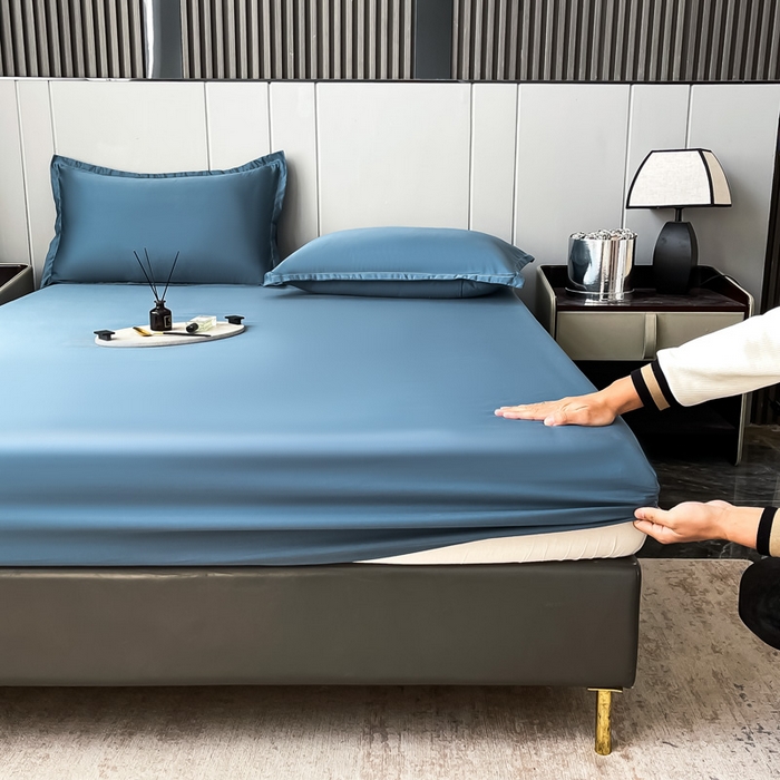 91家纺网 家纺一手货源 找家纺 宅家居 2024新款贡缎水洗真丝单品床笠三件套 宾利蓝