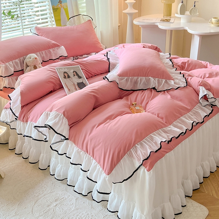 91家纺网 家纺一手货源 找家纺 唐人居 2025新款水洗棉麻亲肤蕾丝花边四件套 小确幸-豆沙