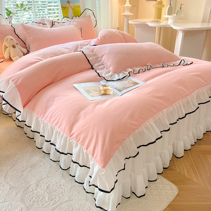 91家纺网 家纺一手货源 找家纺 唐人居 2025新款水洗棉麻亲肤蕾丝花边四件套 小确幸-浅粉