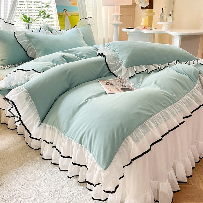 91家纺网 家纺一手货源 找家纺 唐人居 2025新款水洗棉麻亲肤蕾丝花边四件套 小确幸-水兰