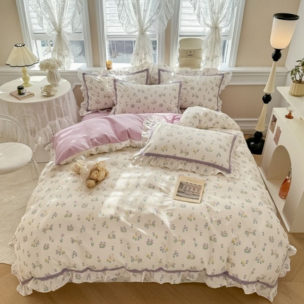 眠屿家纺 2024新款全棉40支13372花边四件套 兔兔花园