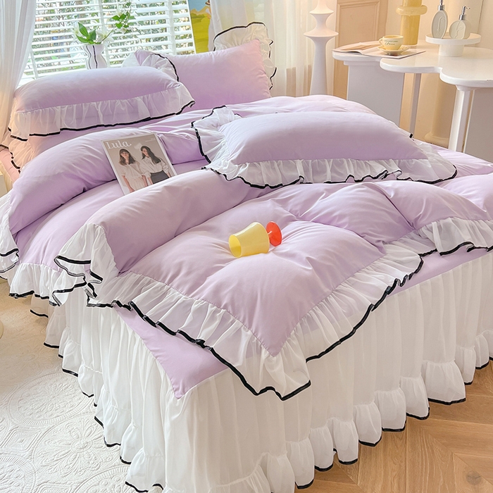 91家纺网 家纺一手货源 找家纺 唐人居 2025新款水洗棉麻亲肤蕾丝花边四件套 小确幸-浅紫