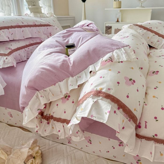 91家纺网 家纺一手货源 找家纺 眠屿家纺 2024新款全棉40支13372花边四件套 樱果爱心