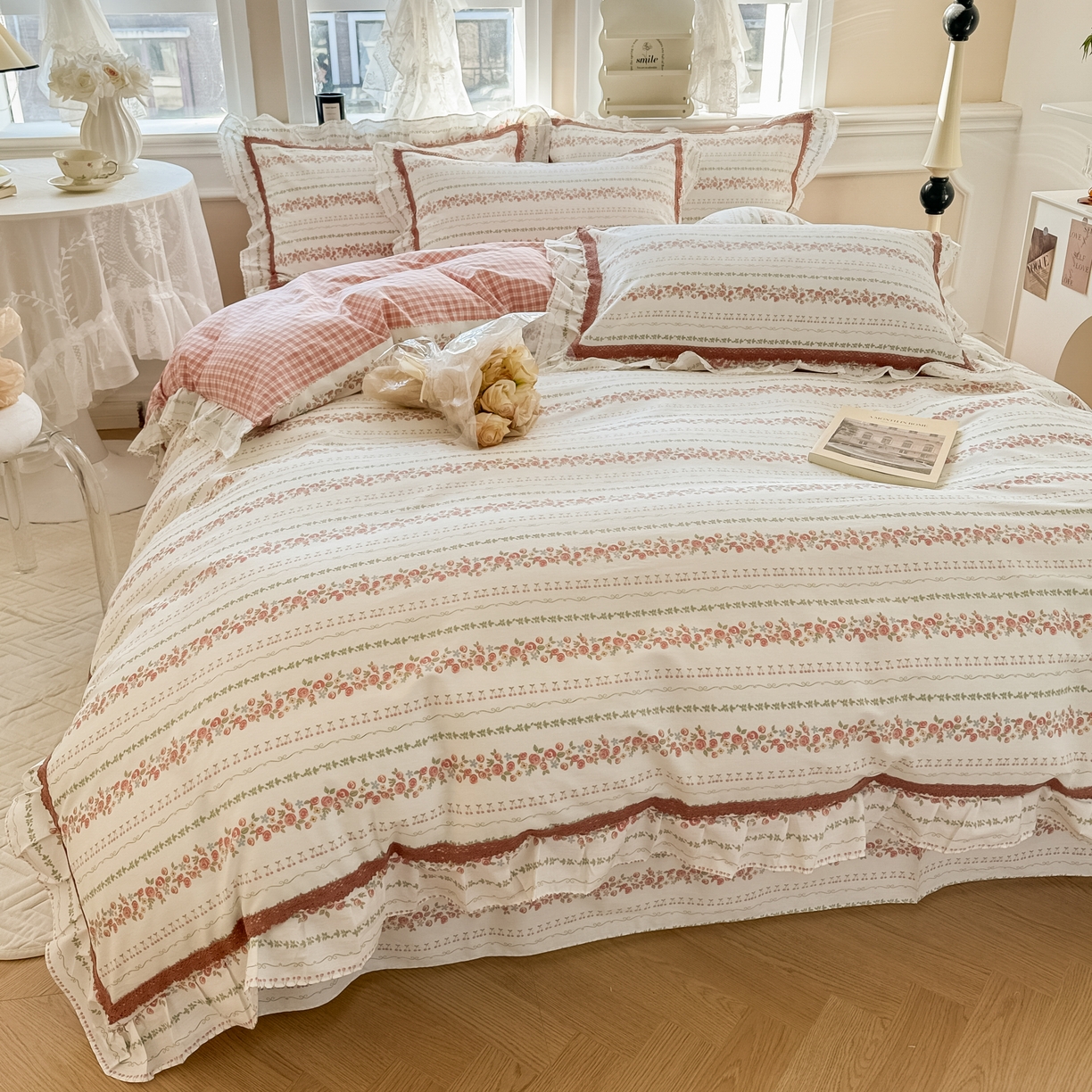 91家纺网 家纺一手货源 找家纺 眠屿家纺 2024新款全棉40支13372花边四件套 枝间梦