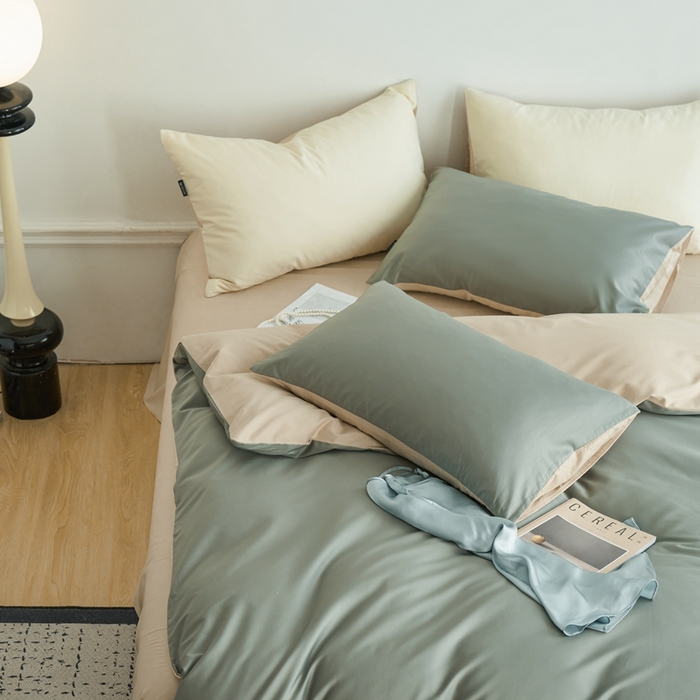 91家纺网 家纺一手货源 找家纺 安莱生活 2024新款100s长绒棉贡缎双拼四件套 水绿-棕灰