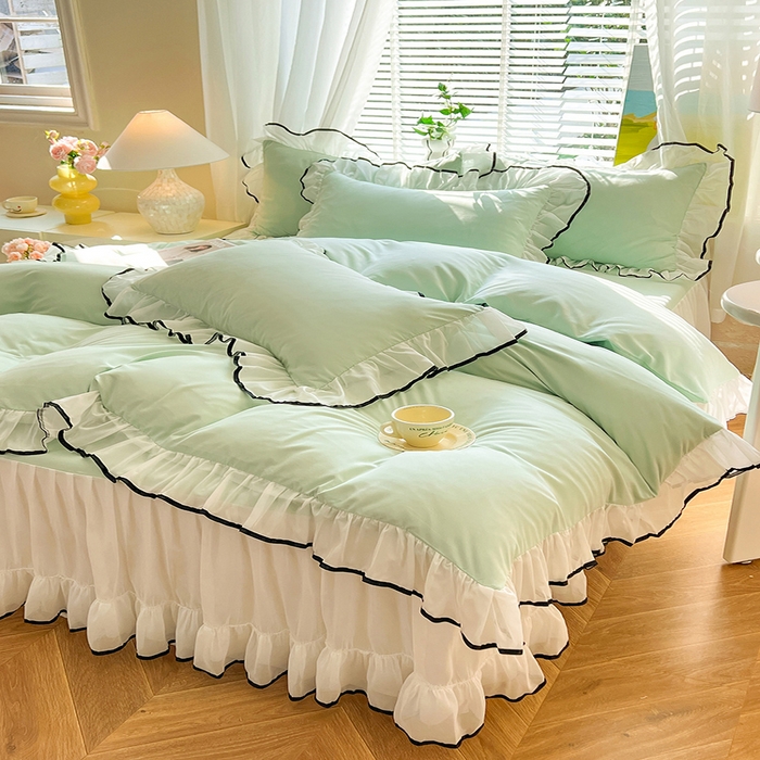 91家纺网 家纺一手货源 找家纺 唐人居 2025新款水洗棉麻亲肤蕾丝花边四件套 小确幸-水绿