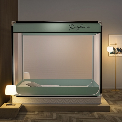 91家纺网 家纺一手货源 找家纺 飞轮海 2023新款床笠款中开门坐床蚊帐 Z62-白灰（回底）