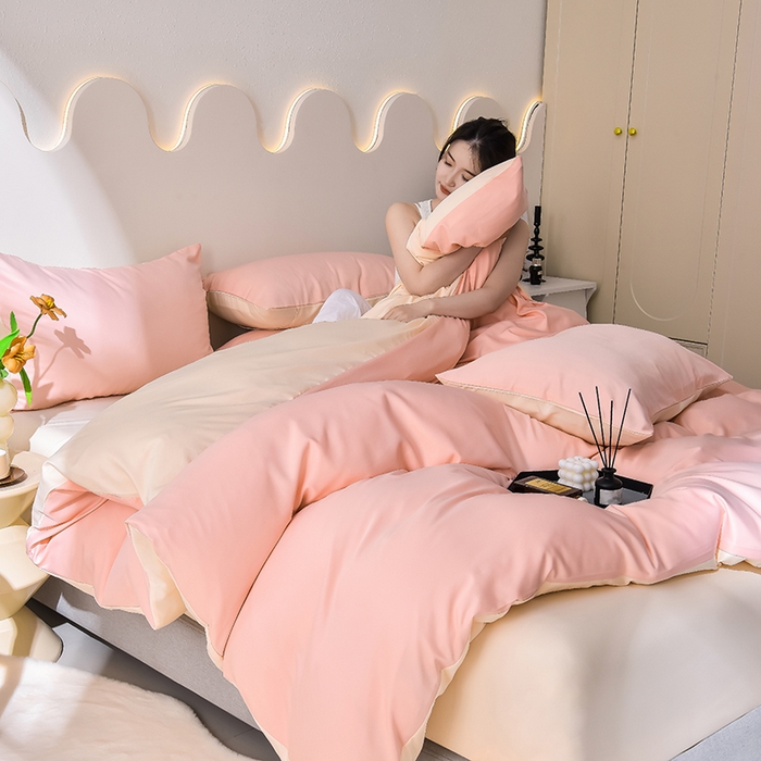 91家纺网 家纺一手货源 找家纺 简爱家纺 2025新款水洗真丝四件套 戴妃粉+暖杏色