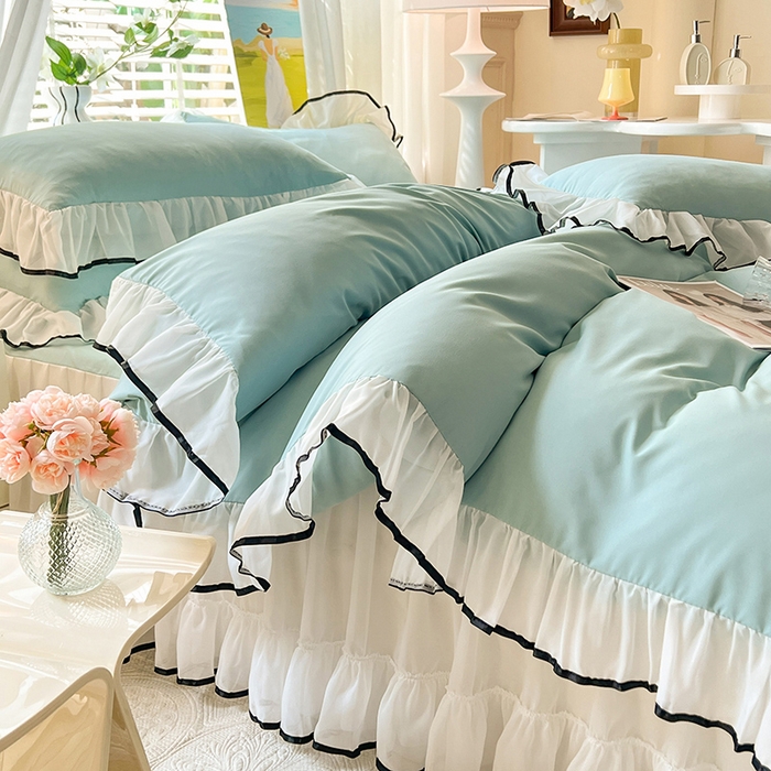 91家纺网 家纺一手货源 找家纺 唐人居 2025新款水洗棉麻亲肤蕾丝花边四件套 小确幸-水兰