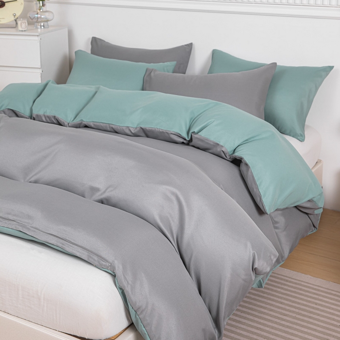 91家纺网 家纺一手货源 找家纺 莎臣豹 2025新款水洗棉磨毛纯色双拼简约风撞色四件套 浅灰爱上豆绿