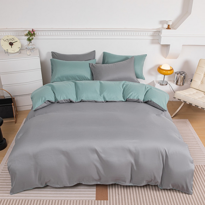 91家纺网 家纺一手货源 找家纺 莎臣豹 2025新款水洗棉磨毛纯色双拼简约风撞色四件套 浅灰爱上豆绿