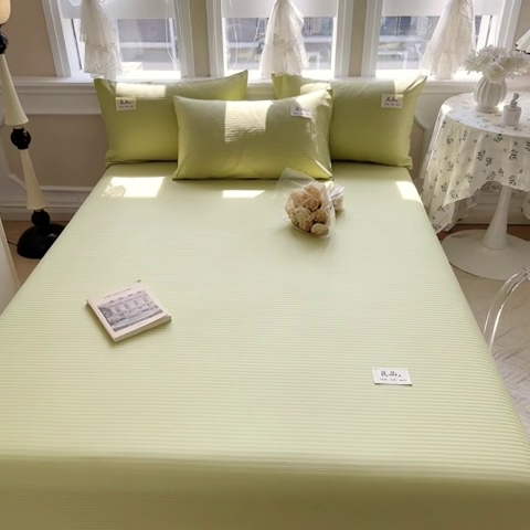 91家纺网 家纺一手货源 找家纺 眠博士 2024新款A类轻奢时尚全棉60贡缎提花床笠 床笠-提花豆绿