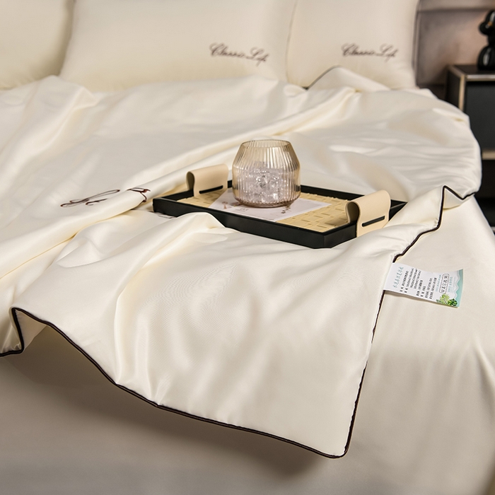 91家纺网 家纺一手货源 找家纺 益多眠 2024爆款水洗真丝夏被四件套冰丝夏被轻奢夏被空调被羽毛夏被四件套绣花夏被 字母---米黄