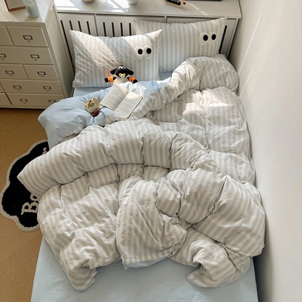 桃子 2024新款ins大眼睛毛巾绣韩系奶油无印纯棉色织水洗棉少女宽宽条系列四件套 水洗棉-宽宽条蓝