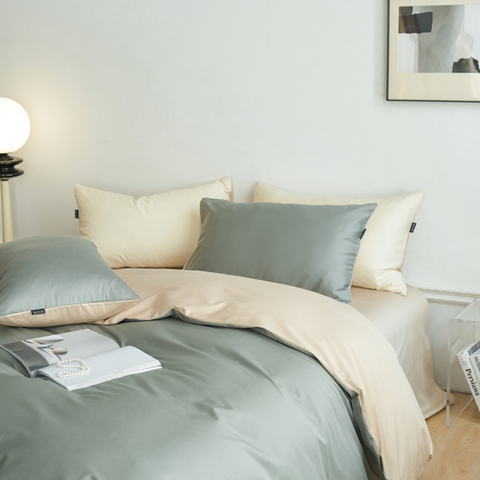 91家纺网 家纺一手货源 找家纺 安莱生活 2024新款100s长绒棉贡缎双拼四件套 水绿-棕灰