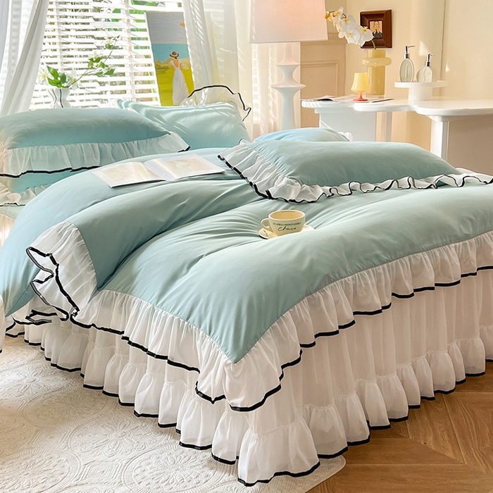 91家纺网 家纺一手货源 找家纺 唐人居 2025新款水洗棉麻亲肤蕾丝花边四件套 小确幸-水兰