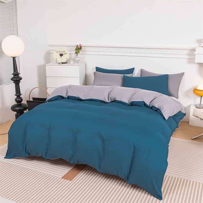 91家纺网 家纺一手货源 找家纺 莎臣豹 2025新款水洗棉磨毛纯色双拼简约风撞色四件套 宝蓝爱上浅灰