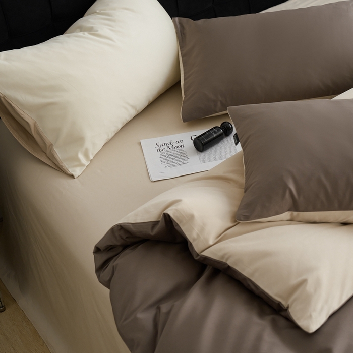 91家纺网 家纺一手货源 找家纺 安莱生活 2024新款100s长绒棉贡缎双拼四件套 咖啡-棕灰