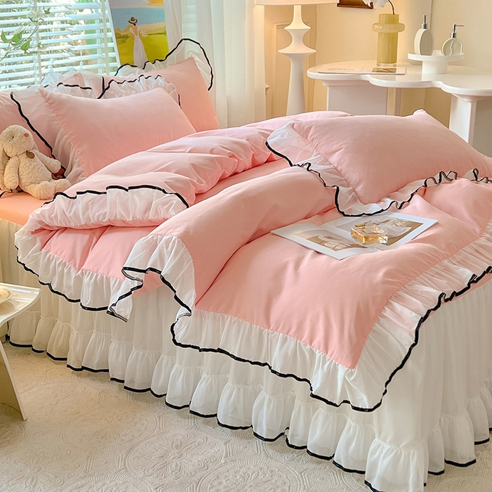 91家纺网 家纺一手货源 找家纺 唐人居 2025新款水洗棉麻亲肤蕾丝花边四件套 小确幸-浅粉