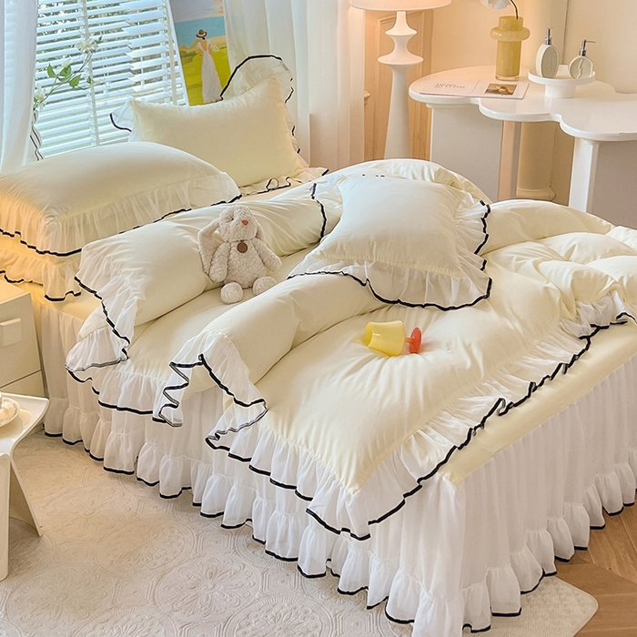 91家纺网 家纺一手货源 找家纺 唐人居 2025新款水洗棉麻亲肤蕾丝花边四件套 小确幸-奶白