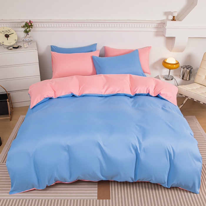 91家纺网 家纺一手货源 找家纺 莎臣豹 2025新款水洗棉磨毛纯色双拼简约风撞色四件套 天空蓝爱上公主粉