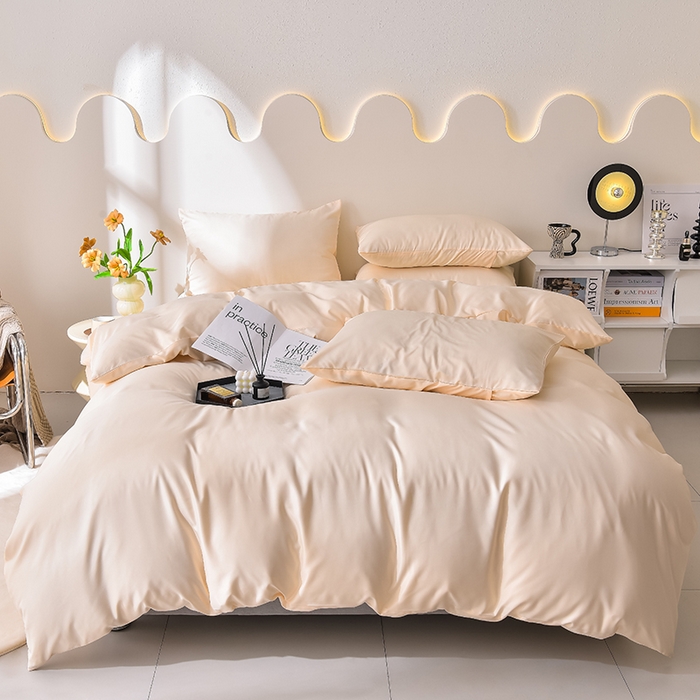 91家纺网 家纺一手货源 找家纺 简爱家纺 2025新款水洗真丝四件套 暖杏色