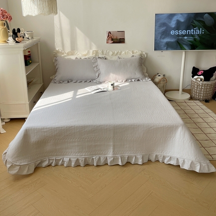 十里居 2024新款水洗棉纯色韩版花边夹棉床盖三件套 浅灰