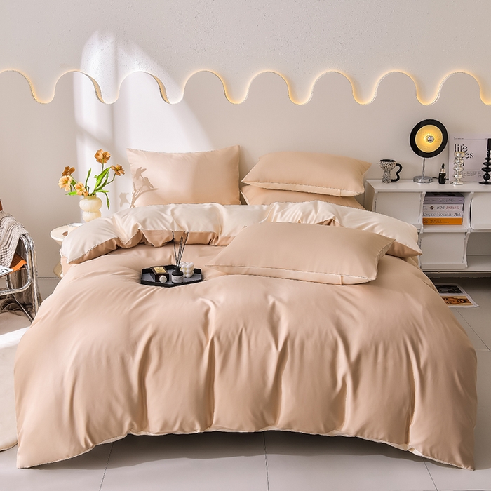 91家纺网 家纺一手货源 找家纺 简爱家纺 2025新款水洗真丝四件套 奶茶咖+暖杏色