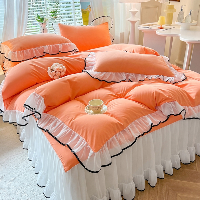 91家纺网 家纺一手货源 找家纺 唐人居 2025新款水洗棉麻亲肤蕾丝花边四件套 小确幸-橘橙