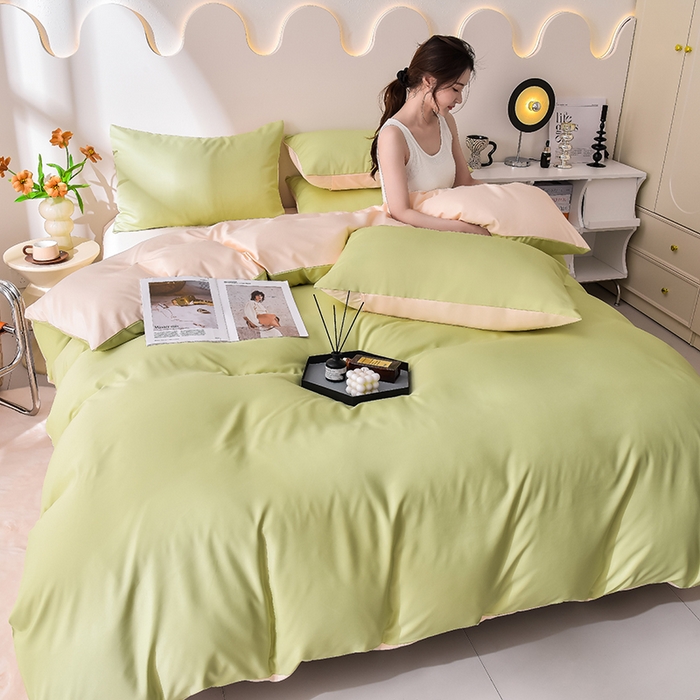 91家纺网 家纺一手货源 找家纺 简爱家纺 2025新款水洗真丝四件套 仙草绿+暖杏色