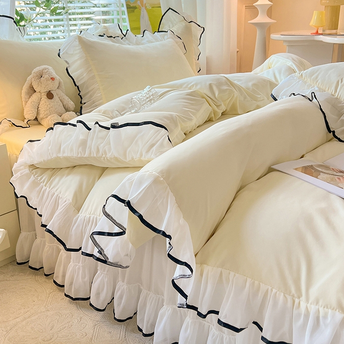 91家纺网 家纺一手货源 找家纺 唐人居 2025新款水洗棉麻亲肤蕾丝花边四件套 小确幸-奶白