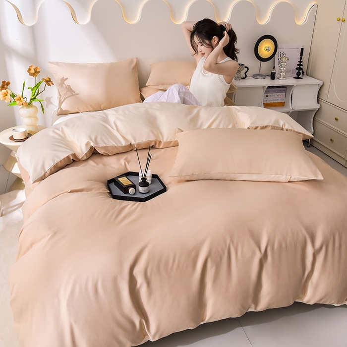 91家纺网 家纺一手货源 找家纺 简爱家纺 2025新款水洗真丝四件套 奶茶咖+暖杏色